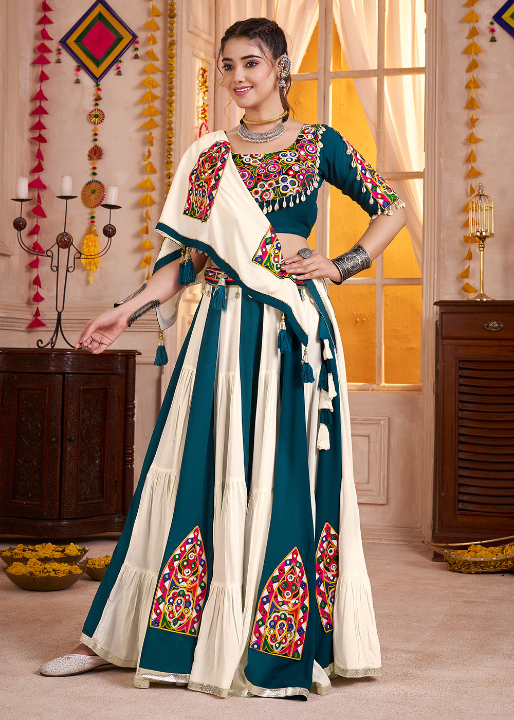 Buy Cotton Chaniya Choli in White & Teal for Navratri Online in US, UK, Canada, France, Germany, Italy, Singapore, Austria, UAE, Denmark & Worldwide at Empress.