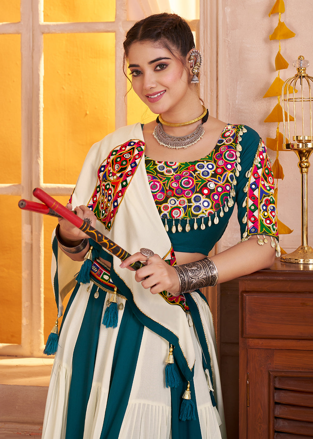 Buy Cotton Chaniya Choli in White & Teal for Navratri Online in US, UK, Canada, France, Germany, Italy, Singapore, Austria, UAE, Denmark & Worldwide at Empress.