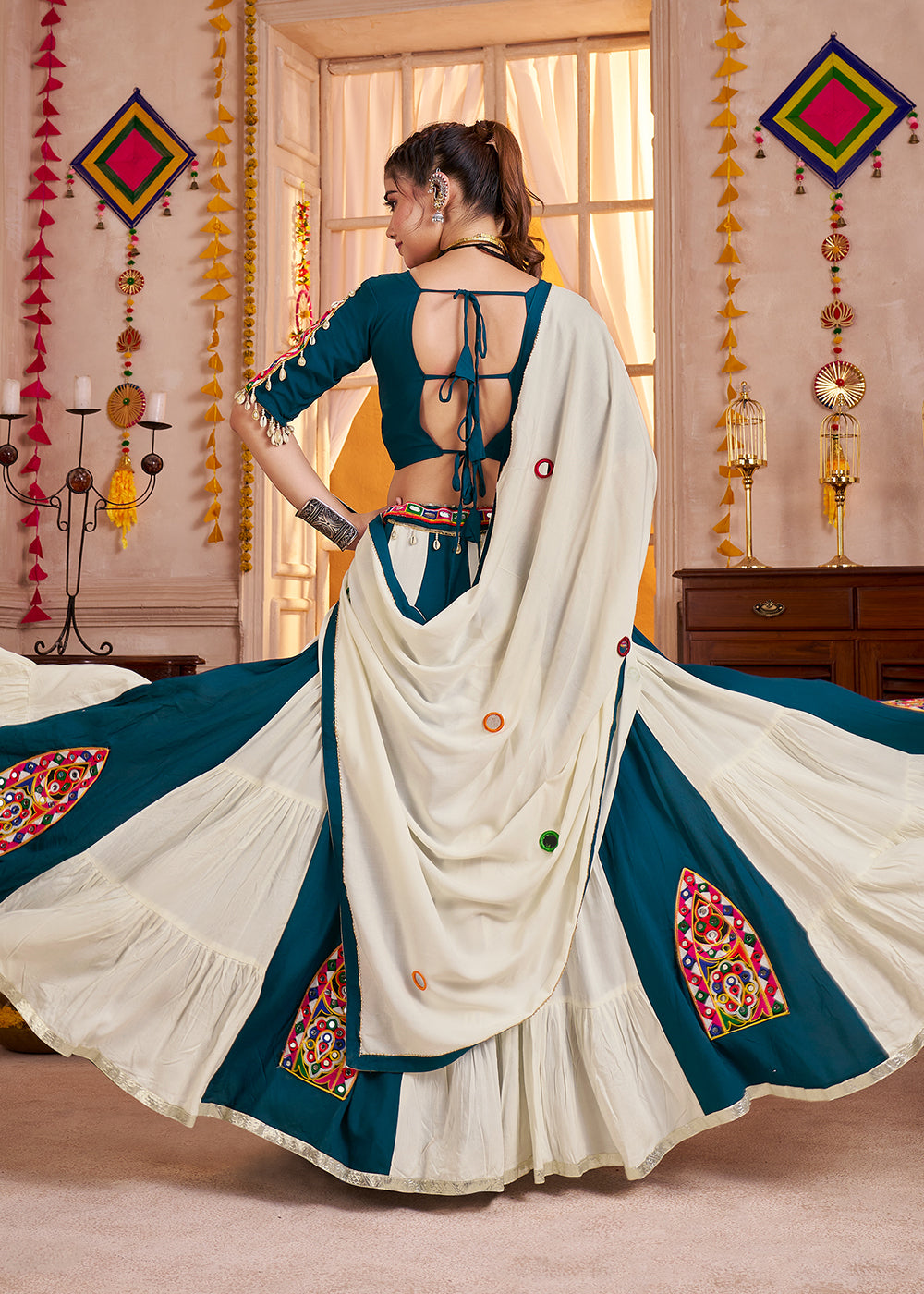 Buy Cotton Chaniya Choli in White & Teal for Navratri Online in US, UK, Canada, France, Germany, Italy, Singapore, Austria, UAE, Denmark & Worldwide at Empress.