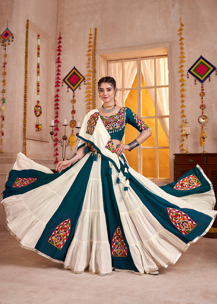 Buy Cotton Chaniya Choli in White & Teal for Navratri Online in US, UK, Canada, France, Germany, Italy, Singapore, Austria, UAE, Denmark & Worldwide at Empress.