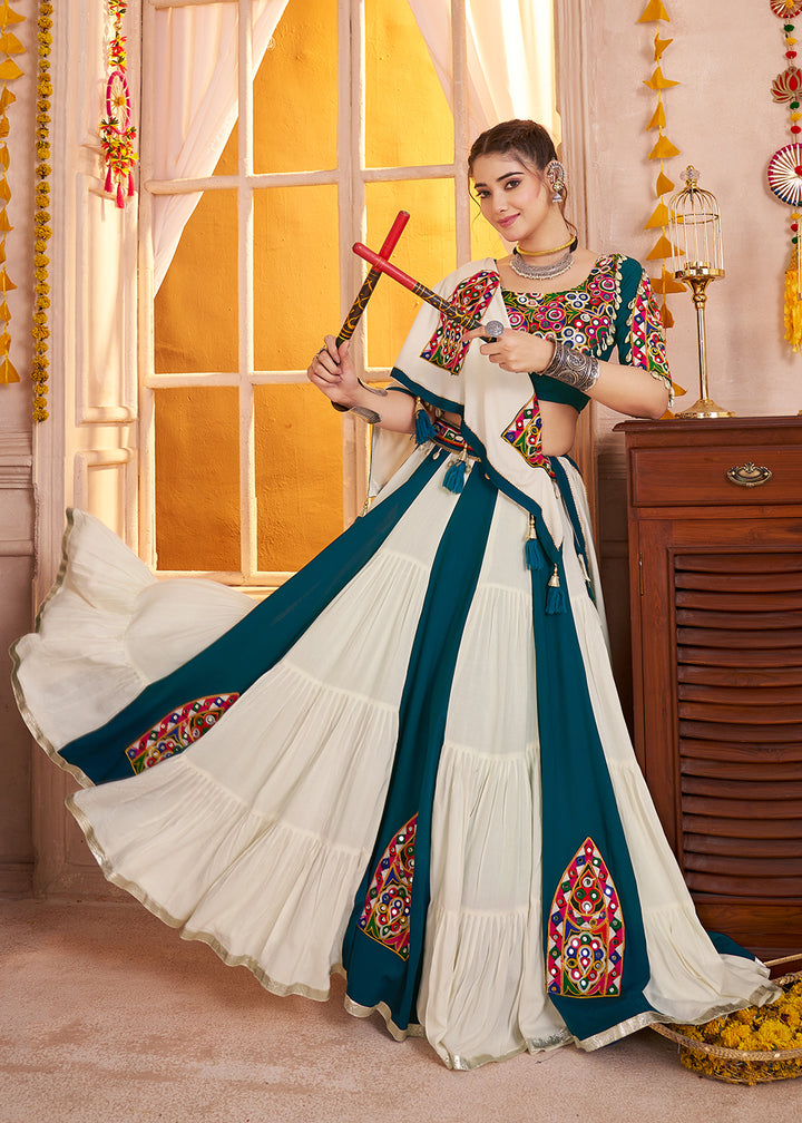Buy Cotton Chaniya Choli in White & Teal for Navratri Online in US, UK, Canada, France, Germany, Italy, Singapore, Austria, UAE, Denmark & Worldwide at Empress.