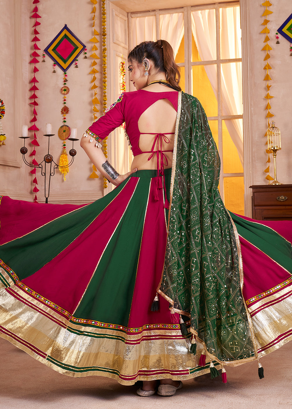 Buy Cotton Chaniya Choli in Green & Red for Navratri Online in US, UK, Canada, France, Germany, Italy, Singapore, Austria, UAE, Denmark & Worldwide at Empress.