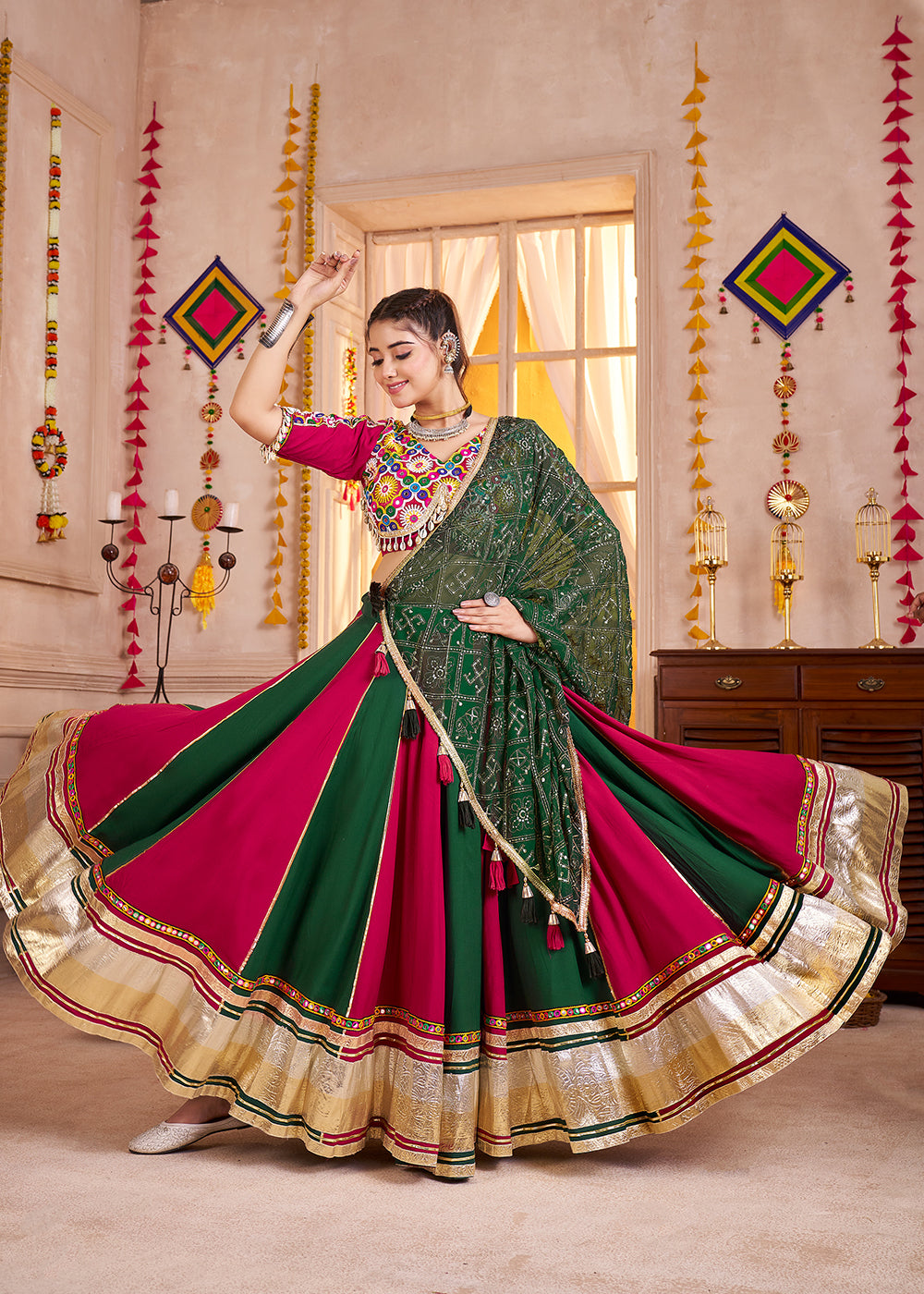 Buy Cotton Chaniya Choli in Green & Red for Navratri Online in US, UK, Canada, France, Germany, Italy, Singapore, Austria, UAE, Denmark & Worldwide at Empress.