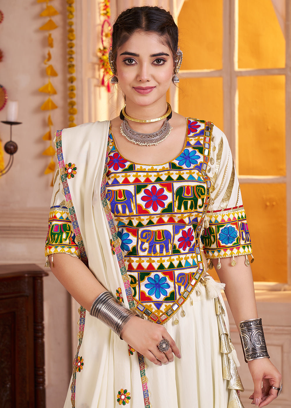 Buy Cotton Chaniya Choli in White for Navratri Online in US, UK, Canada, France, Germany, Italy, Singapore, Austria, UAE, Denmark & Worldwide at Empress.