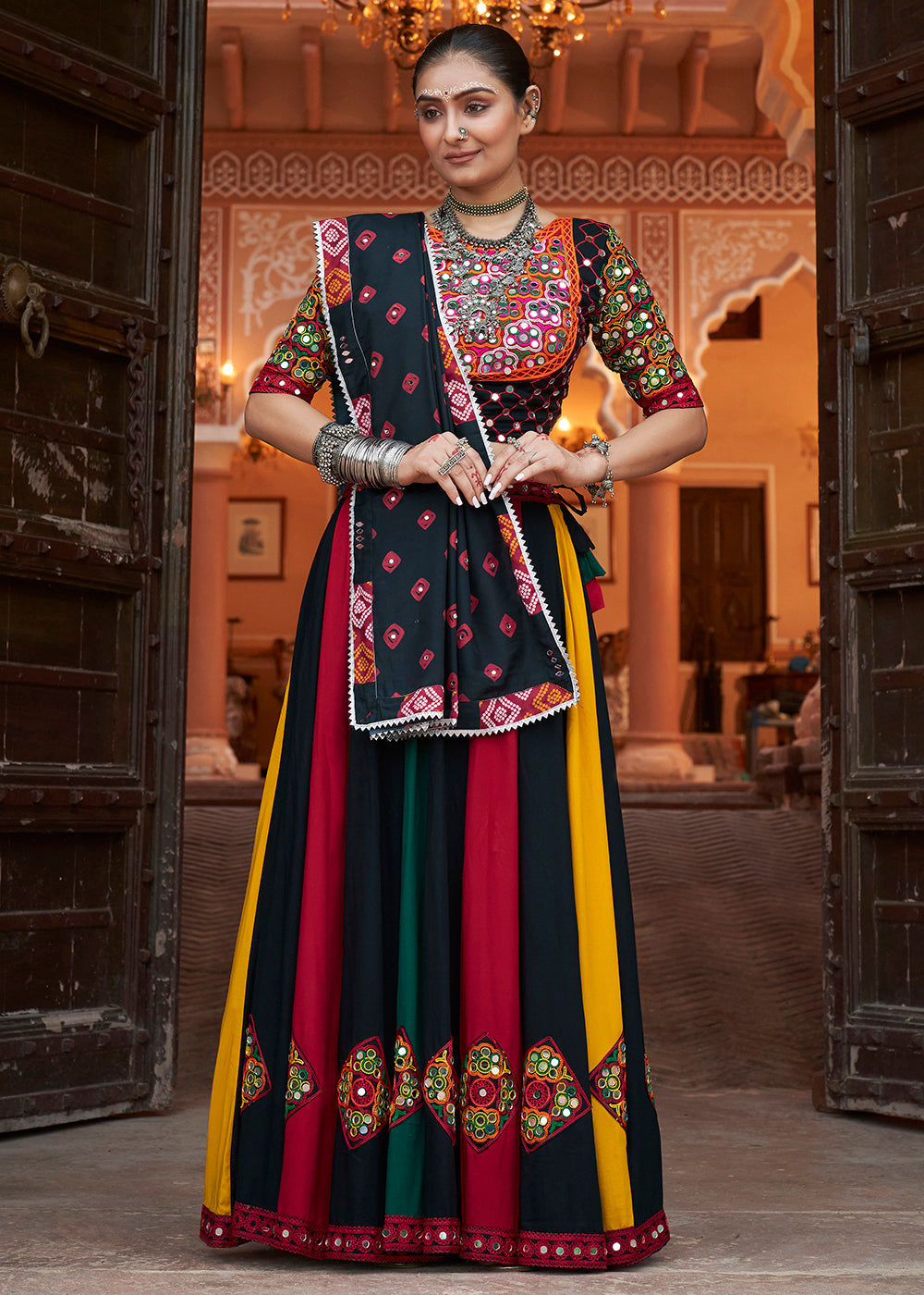 Buy Now Viscose Rayon Multicolor Black Navratri Wear Chaniya Choli Online in USA, UK, Canada & Worldwide at Empress Clothing. 