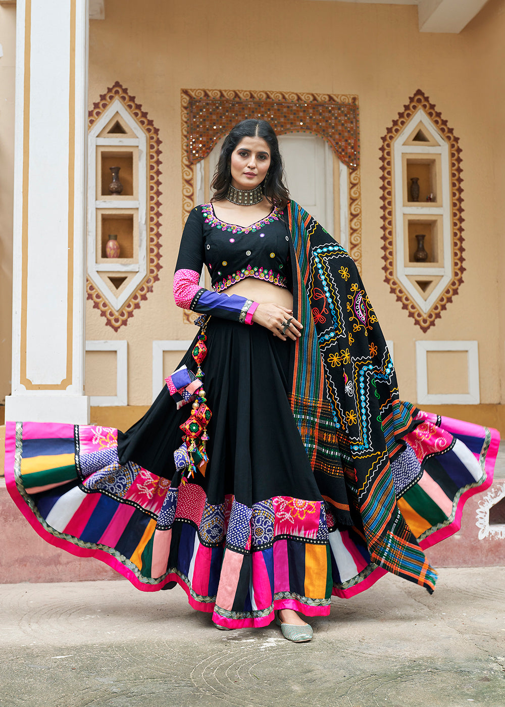 Buy Now Black Embroidered with Mirror Work Chaniya Choli for Navratri Online in USA, UK, Canada & Worldwide at Empress Clothing. 