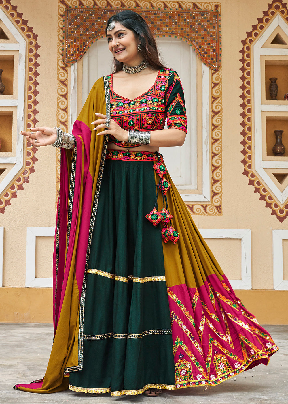 Buy Now Mustard Embroidered with Mirror Work Chaniya Choli for Navratri Online in USA, UK, Canada & Worldwide at Empress Clothing.