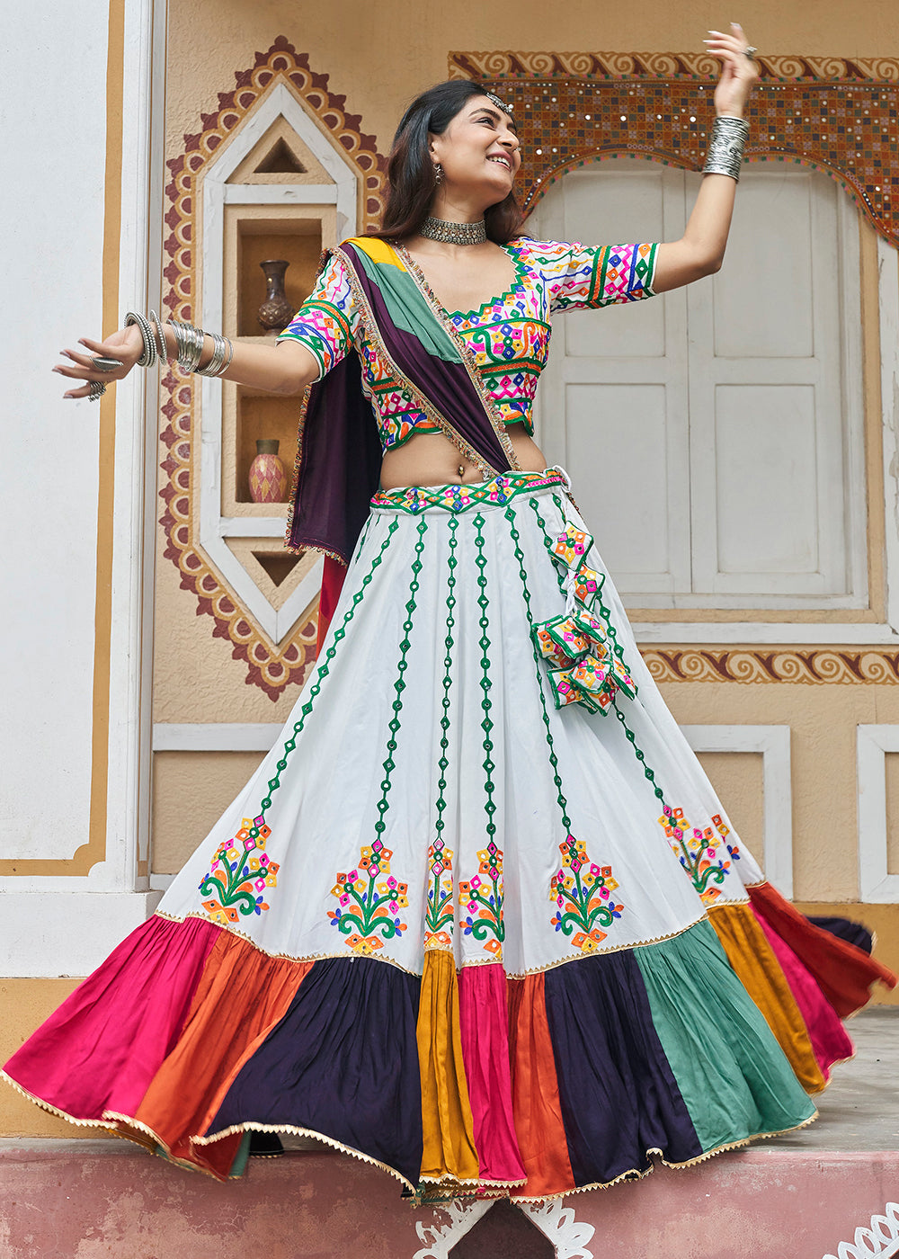 Buy Multi White Embroidered with Mirror Work Chaniya Choli for