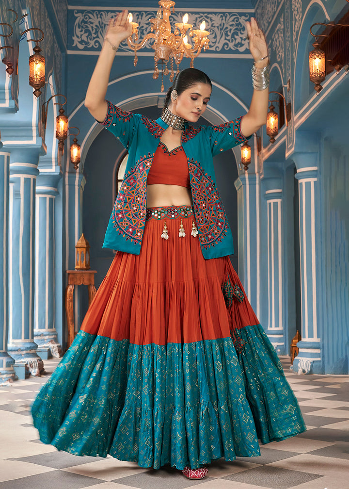 Buy Now Navratri Special Orange & Rama Jacket Style Chaniya Choli Online in USA, UK, Canada, UAE & Worldwide at Empress Clothing. 