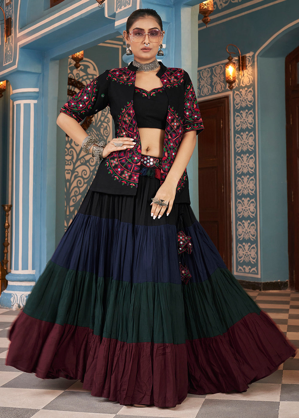 Buy Now Navratri Special Multicolor Black Jacket Style Chaniya Choli Online in USA, UK, Canada, UAE & Worldwide at Empress Clothing. 