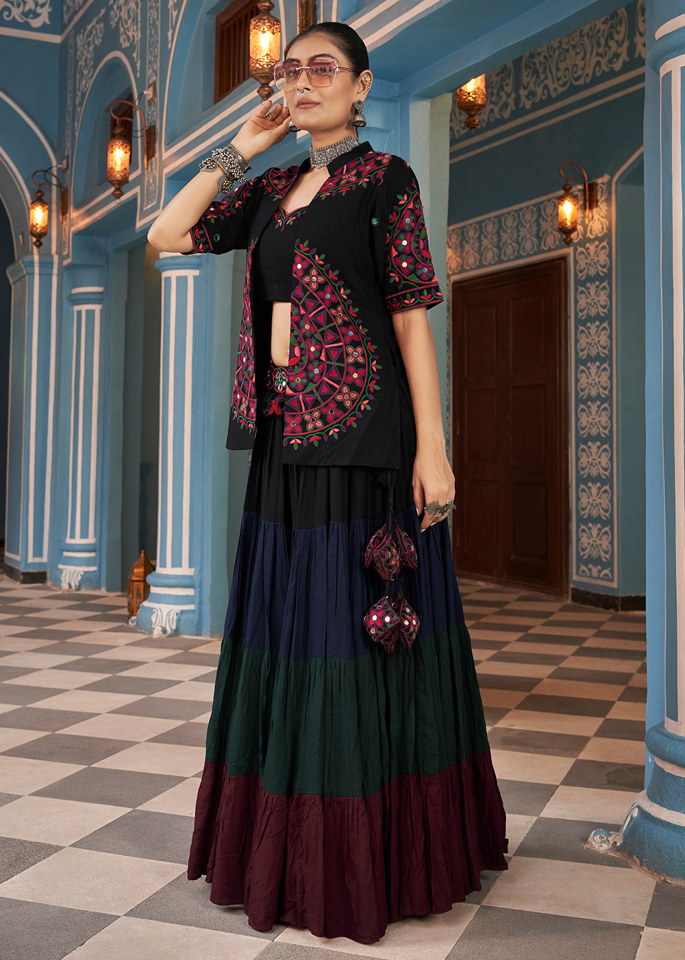 Navratri Special Multicolor Black Jacket Style Chaniya Choli