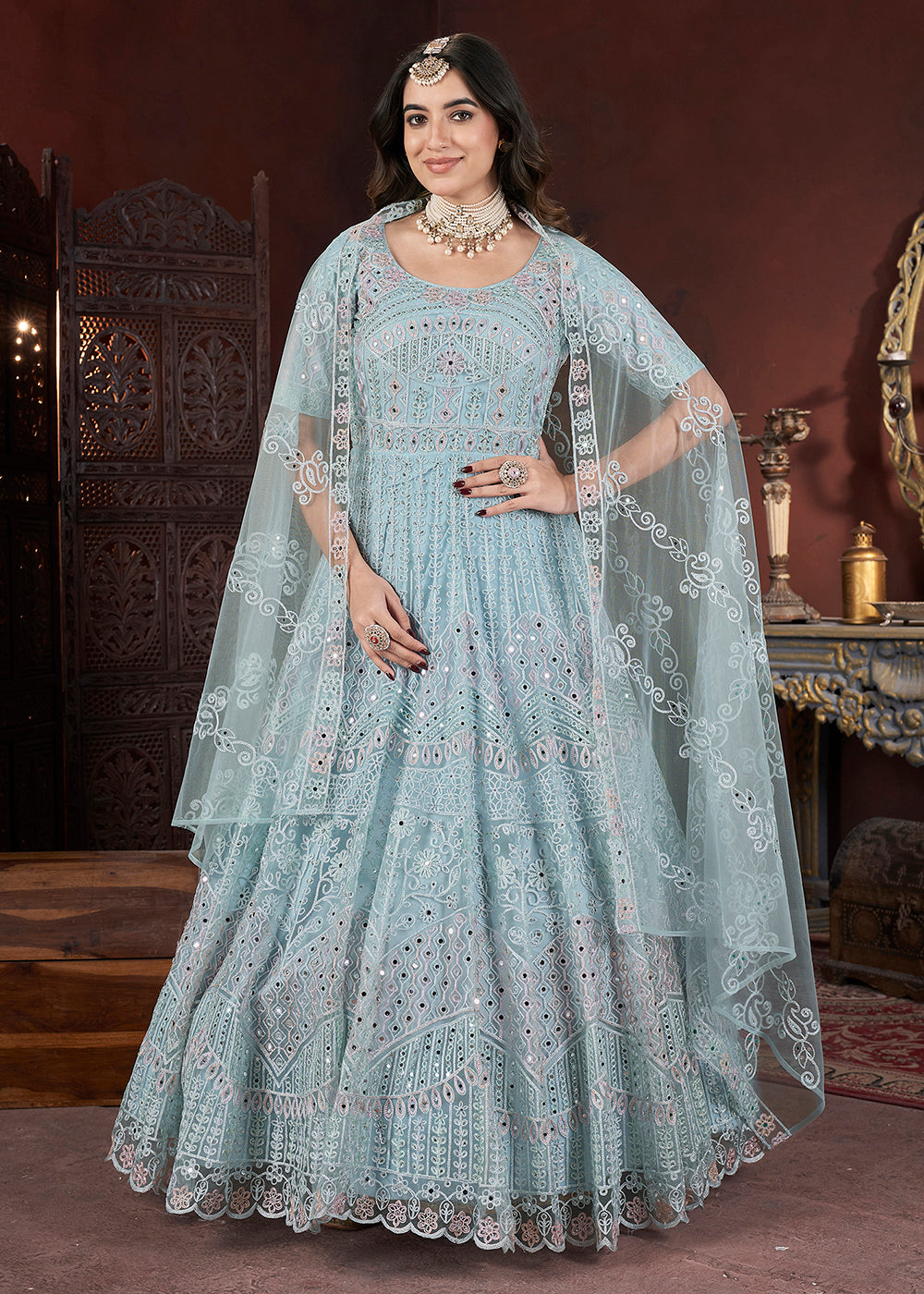 Bridal Gown online With Bottom And Dupatta Heavy Embroidery Work Women Ladies Clothing Party Fancy Long Bridesmaid Attire One Piece Designer Wear