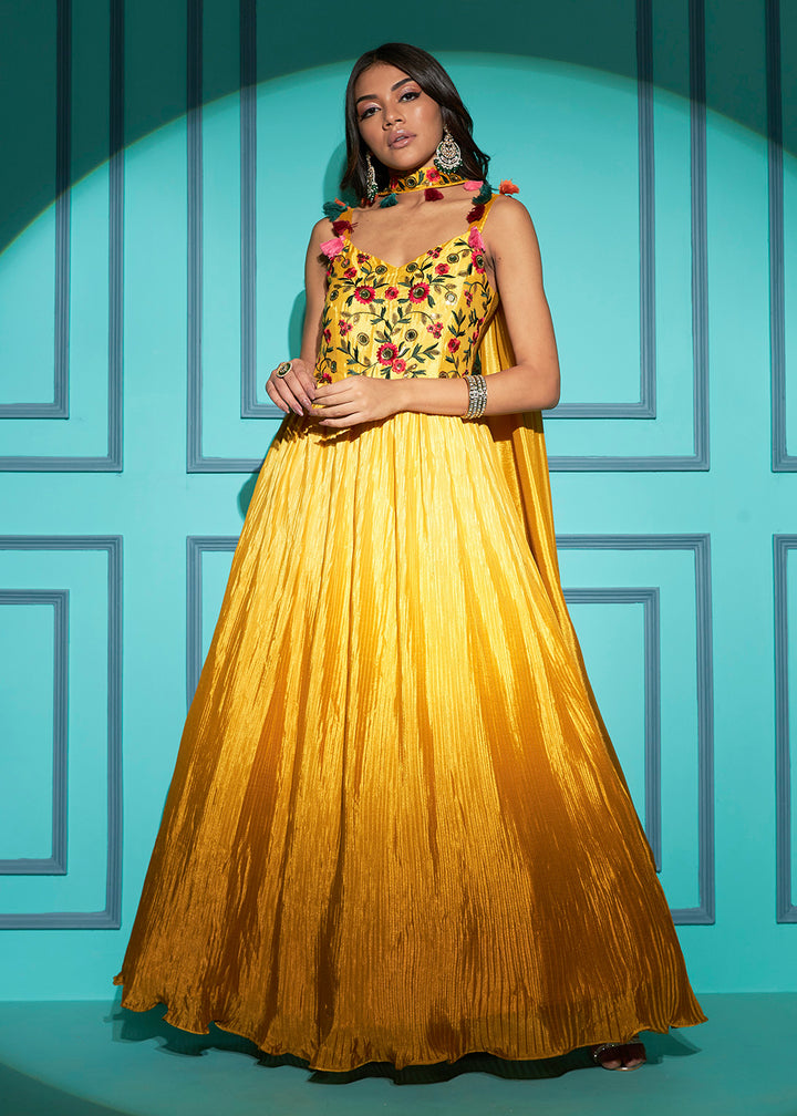 Buy Now Chinon Exquisite Yellow Sequins & Thread Party Wear Gown Online in USA, UK, Australia, New Zealand, Canada & Worldwide at Empress Clothing.
