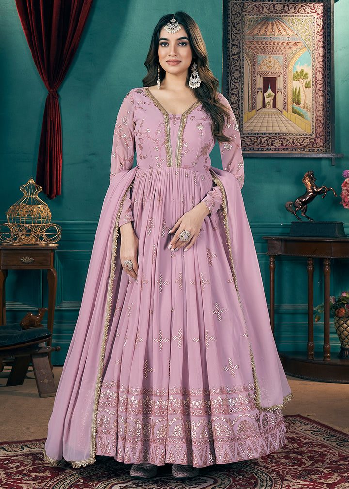 Buy Now Metalic Foil Work Embroidered Wedding Festive Pink Anarkali Gown Online in USA, UK, Australia, Canada & Worldwide at Empress Clothing. 