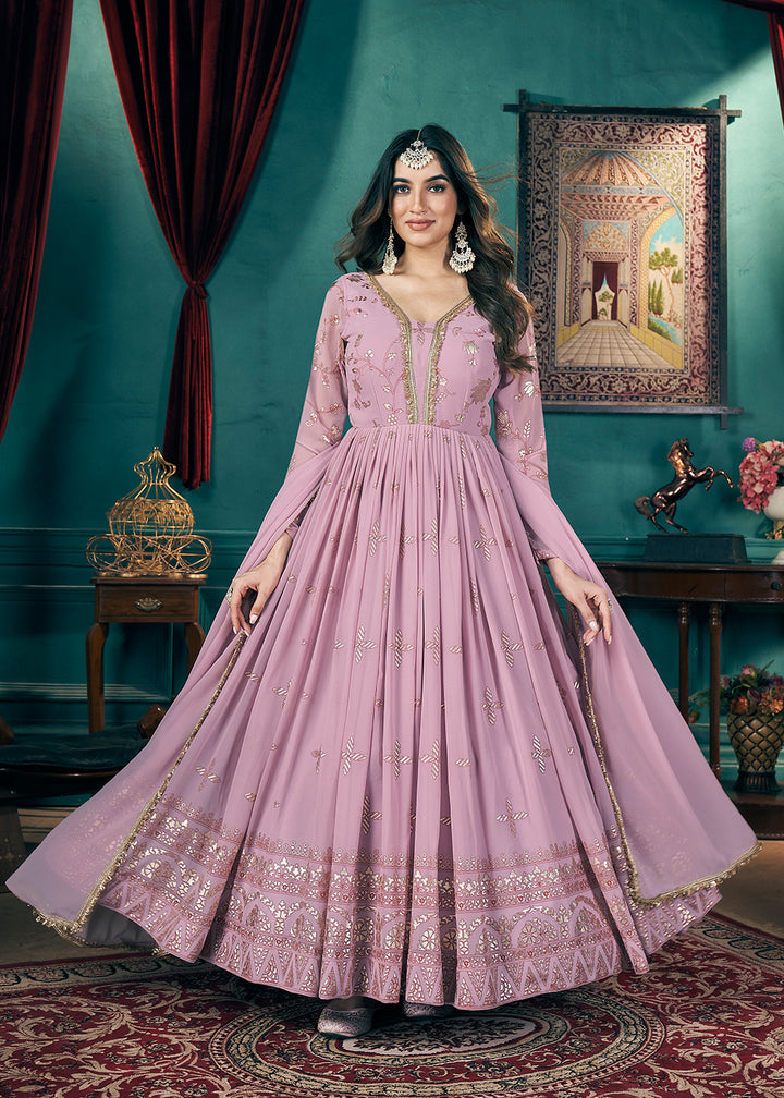 Buy Now Metalic Foil Work Embroidered Wedding Festive Pink Anarkali Gown Online in USA, UK, Australia, Canada & Worldwide at Empress Clothing. 