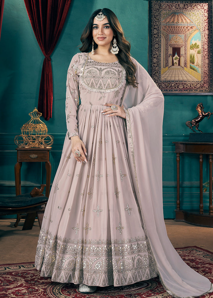 Buy Now Metalic Foil Work Embroidered Wedding Festive Beige Anarkali Gown Online in USA, UK, Australia, Canada & Worldwide at Empress Clothing.
