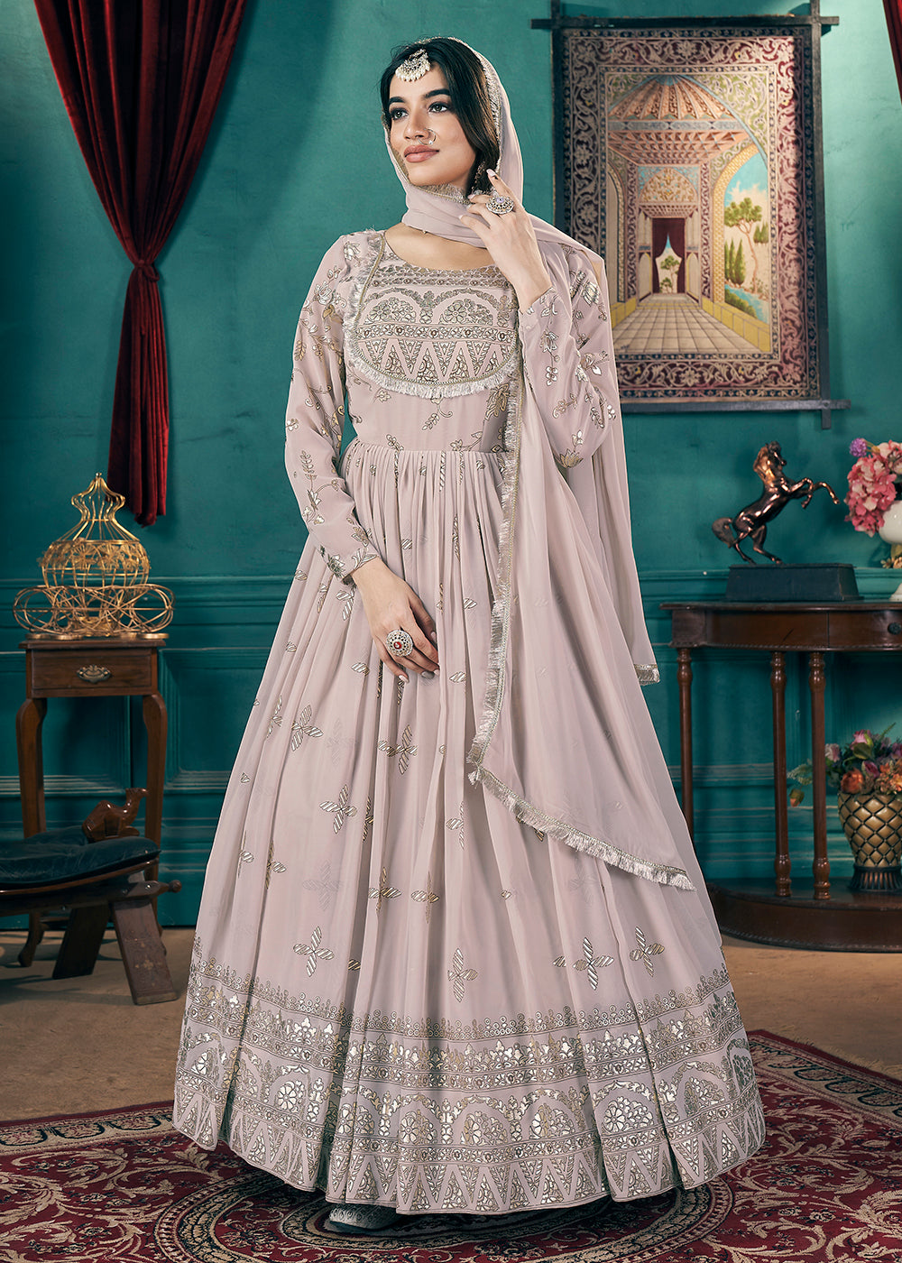 Buy Now Metalic Foil Work Embroidered Wedding Festive Beige Anarkali Gown Online in USA, UK, Australia, Canada & Worldwide at Empress Clothing.