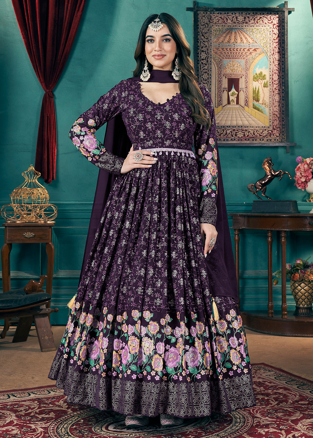 Buy Now Metalic Foil Work Embroidered Wedding Festive Purple Anarkali Gown Online in USA, UK, Australia, Canada & Worldwide at Empress Clothing. 