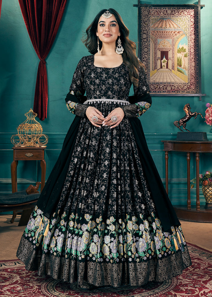 Buy Now Metalic Foil Work Embroidered Wedding Festive Black Anarkali Gown Online in USA, UK, Australia, Canada & Worldwide at Empress Clothing.