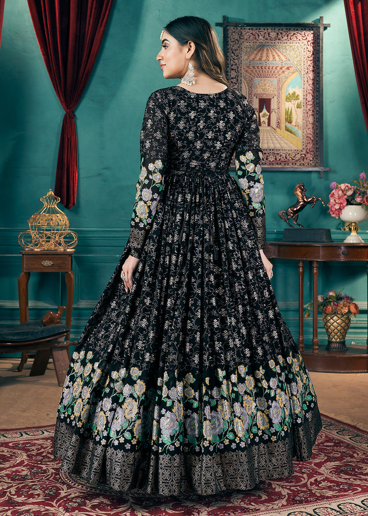 Buy Now Metalic Foil Work Embroidered Wedding Festive Black Anarkali Gown Online in USA, UK, Australia, Canada & Worldwide at Empress Clothing.