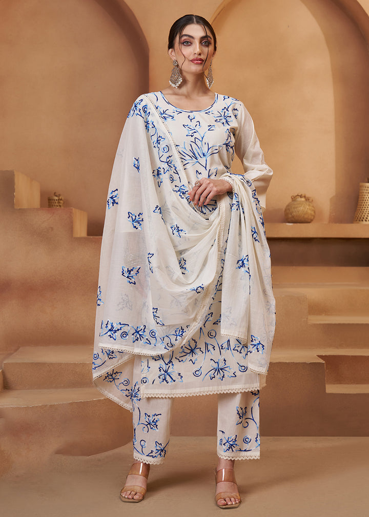 Buy Now Pretty Off White Cotton Embroidered Pant Style Suit Online in US, UK, Canada, Germany, Italy, France, Netherlands, Norway, UAE & Worldwide at Empress.