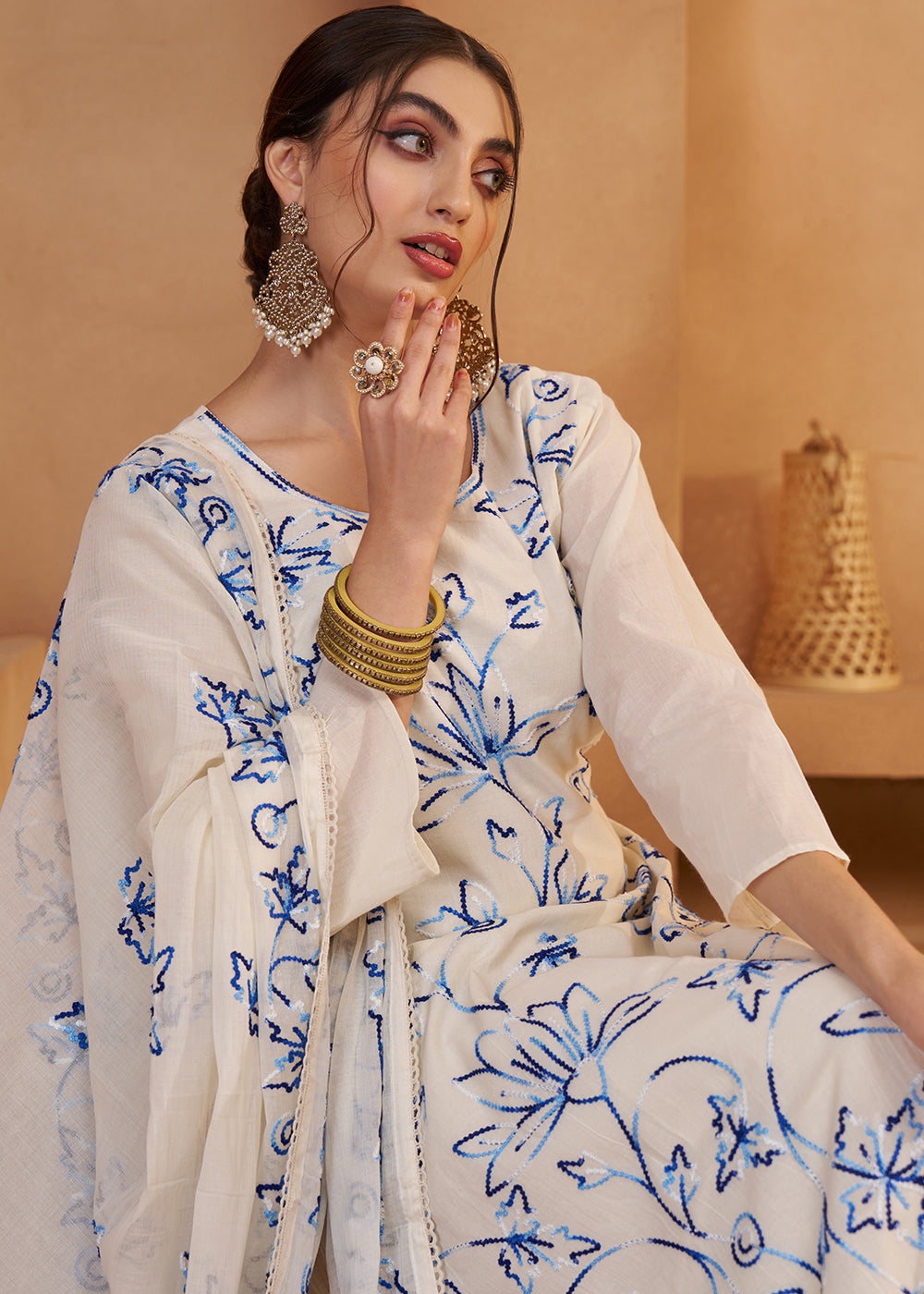 Buy Now Pretty Off White Cotton Embroidered Pant Style Suit Online in US, UK, Canada, Germany, Italy, France, Netherlands, Norway, UAE & Worldwide at Empress.