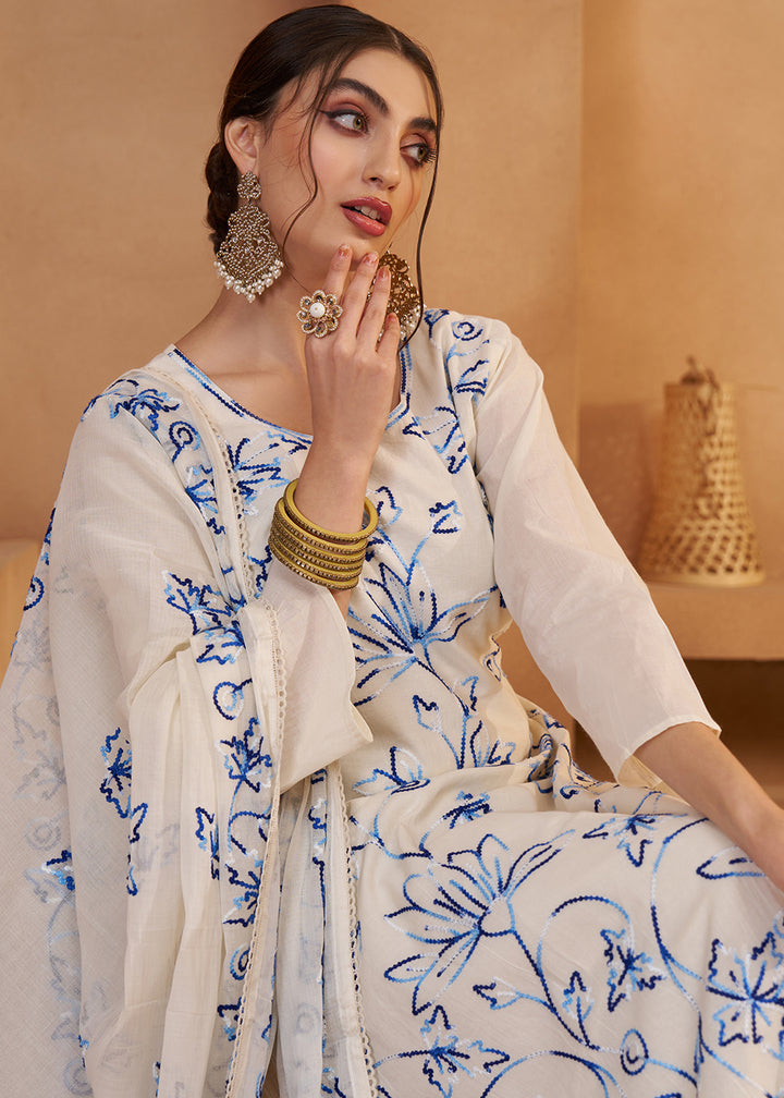 Buy Now Pretty Off White Cotton Embroidered Pant Style Suit Online in US, UK, Canada, Germany, Italy, France, Netherlands, Norway, UAE & Worldwide at Empress.