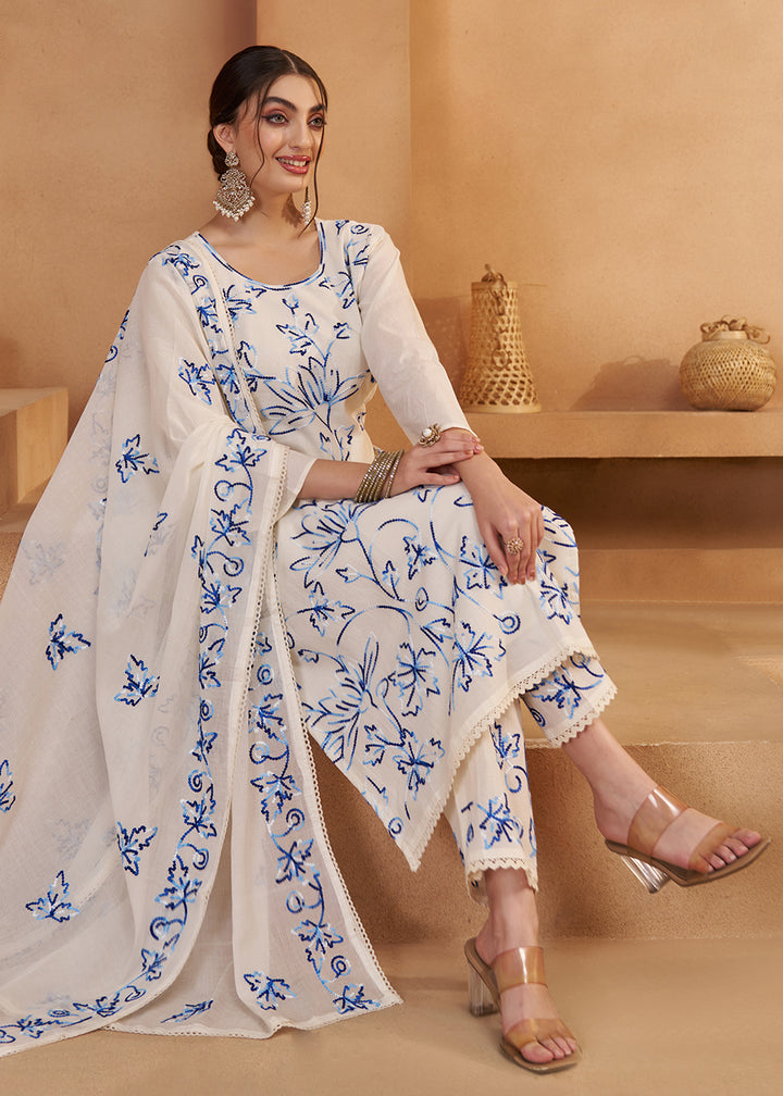 Buy Now Pretty Off White Cotton Embroidered Pant Style Suit Online in US, UK, Canada, Germany, Italy, France, Netherlands, Norway, UAE & Worldwide at Empress.