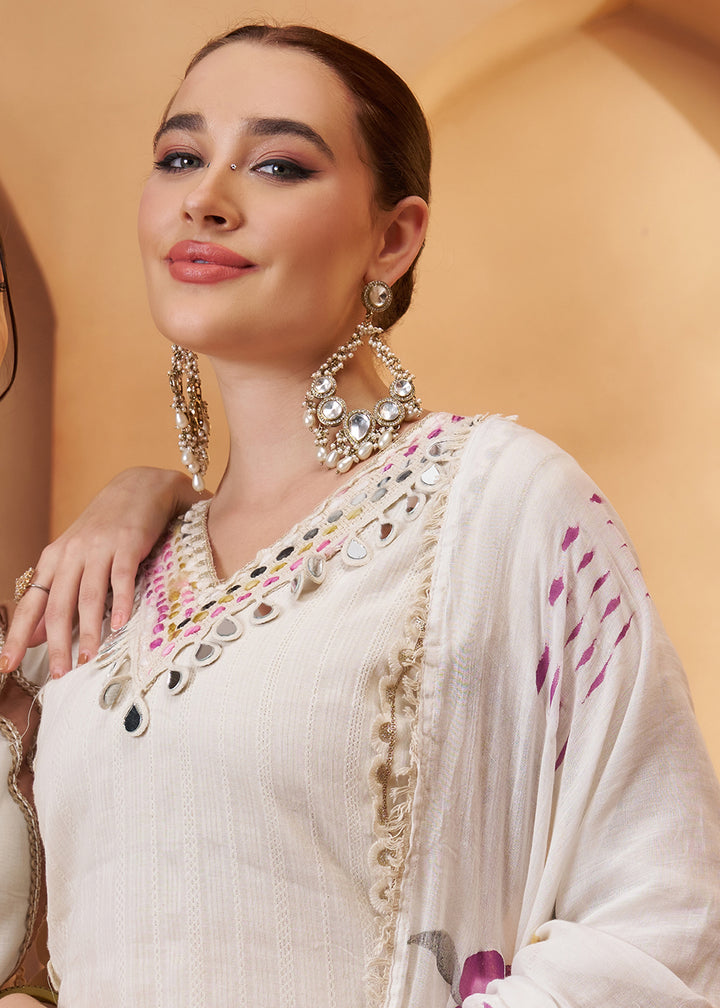 Buy Now Lovely Off White Cotton Embroidered Pant Style Suit Online in US, UK, Canada, Germany, Italy, France, Netherlands, Norway, UAE & Worldwide at Empress.