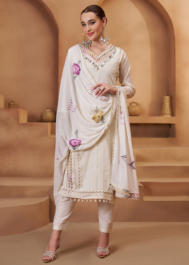 Buy Now Lovely Off White Cotton Embroidered Pant Style Suit Online in US, UK, Canada, Germany, Italy, France, Netherlands, Norway, UAE & Worldwide at Empress.