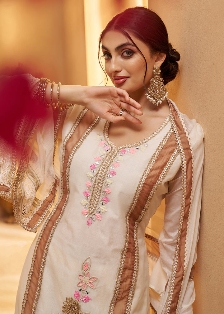 Buy Now Adorable Off White Cotton Embroidered Pant Style Suit Online in US, UK, Canada, Germany, Italy, France, Netherlands, Norway, UAE & Worldwide at Empress.