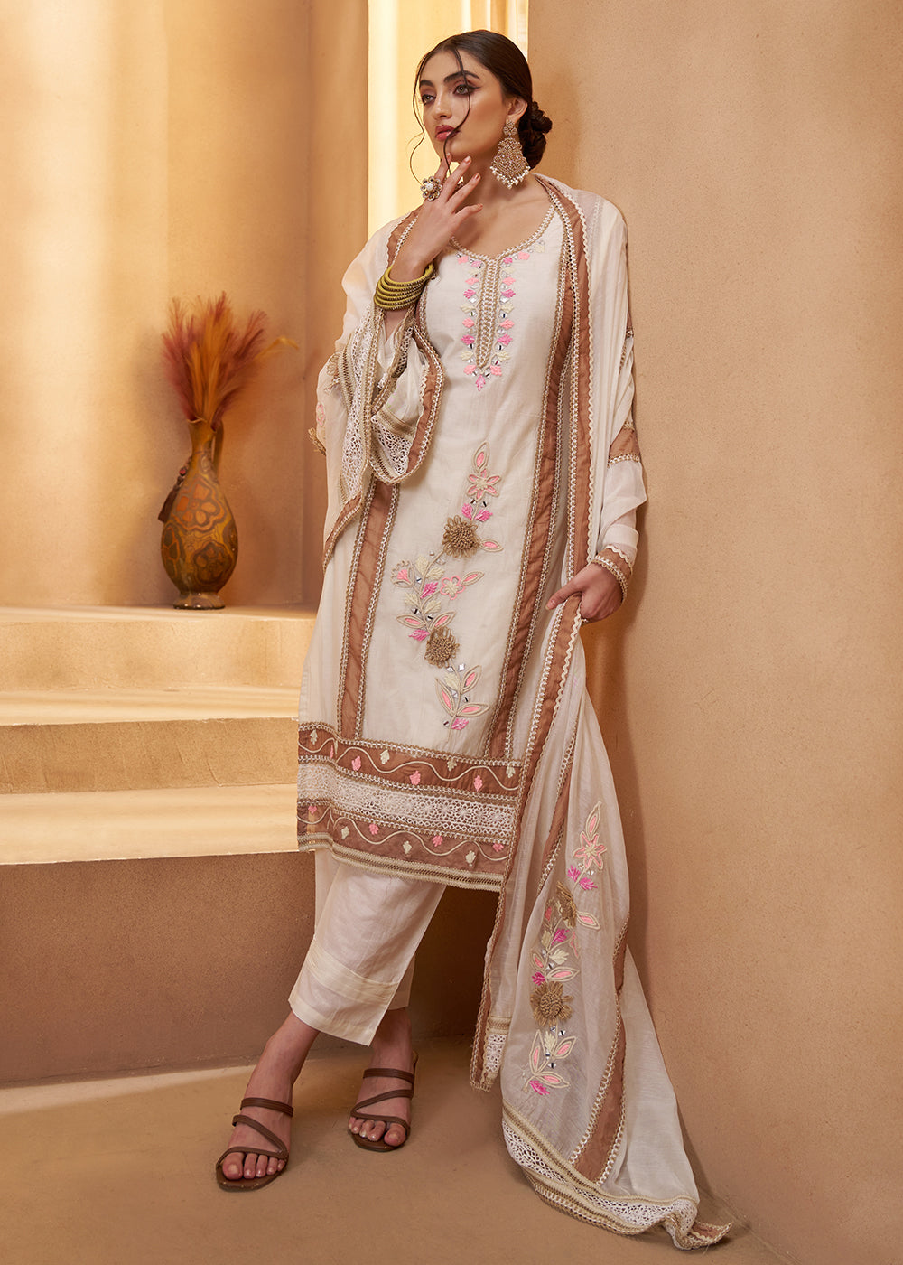 Buy Now Adorable Off White Cotton Embroidered Pant Style Suit Online in US, UK, Canada, Germany, Italy, France, Netherlands, Norway, UAE & Worldwide at Empress.