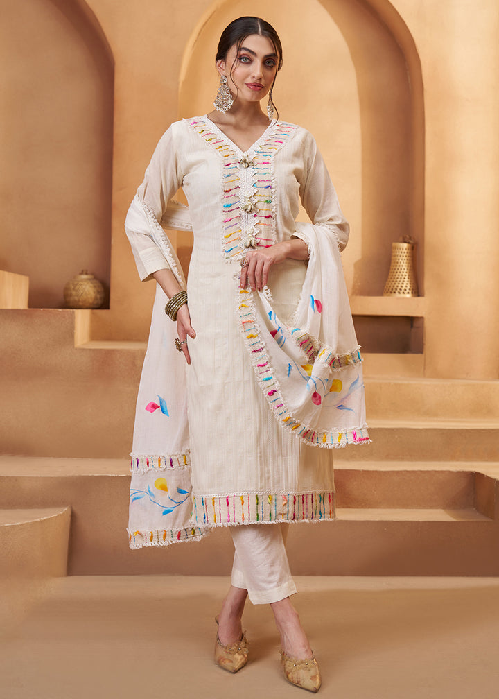 Buy Now Stunning Off White Cotton Embroidered Pant Style Suit Online in US, UK, Canada, Germany, Italy, France, Netherlands, Norway, UAE & Worldwide at Empress.