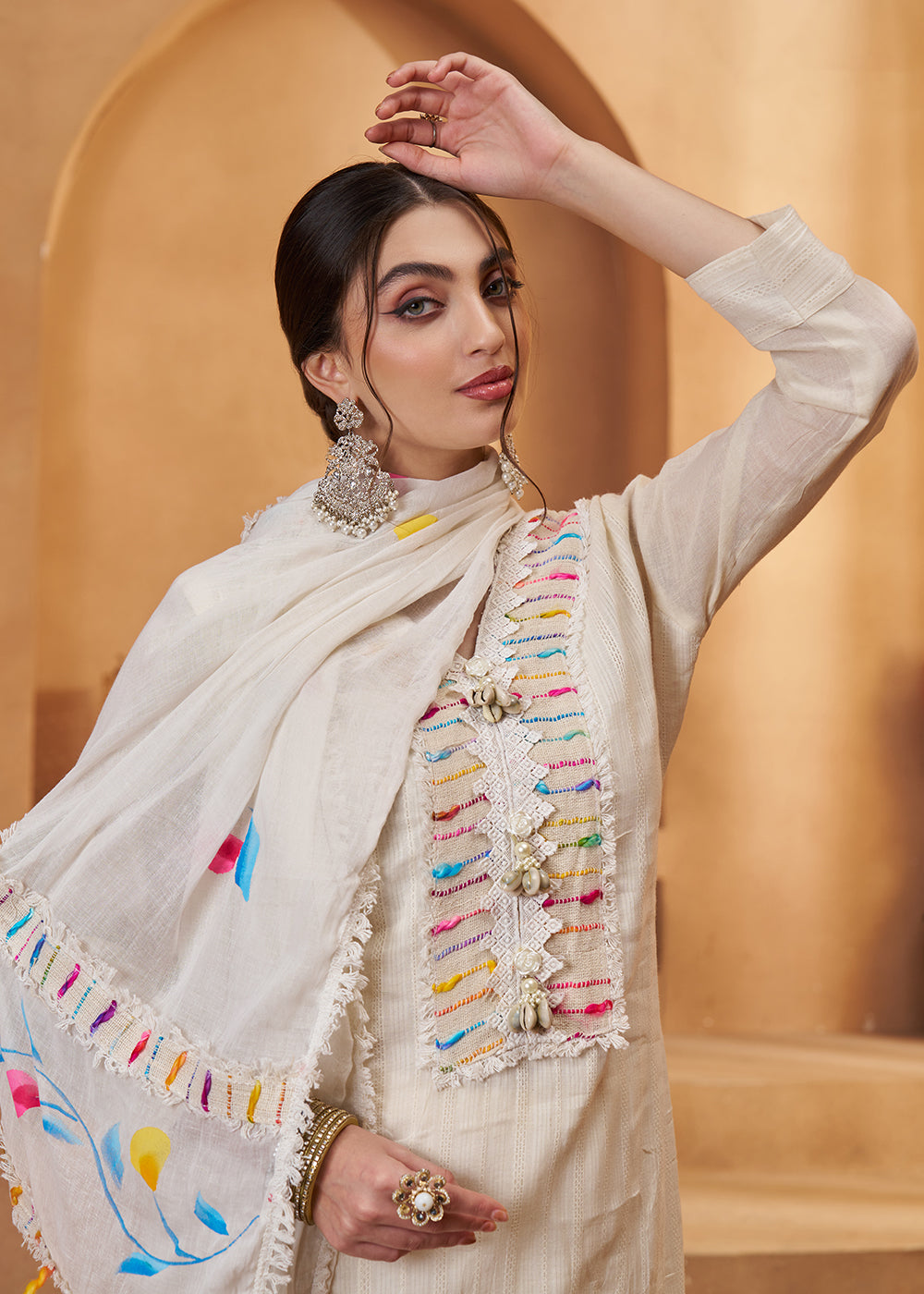 Buy Now Stunning Off White Cotton Embroidered Pant Style Suit Online in US, UK, Canada, Germany, Italy, France, Netherlands, Norway, UAE & Worldwide at Empress.