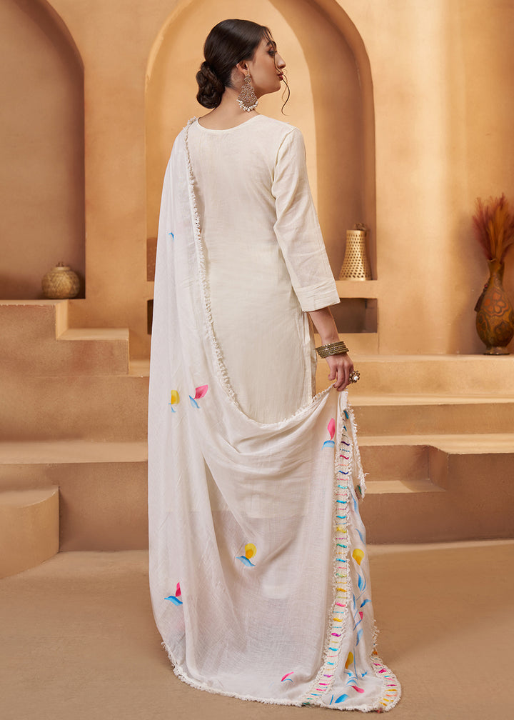 Buy Now Stunning Off White Cotton Embroidered Pant Style Suit Online in US, UK, Canada, Germany, Italy, France, Netherlands, Norway, UAE & Worldwide at Empress.
