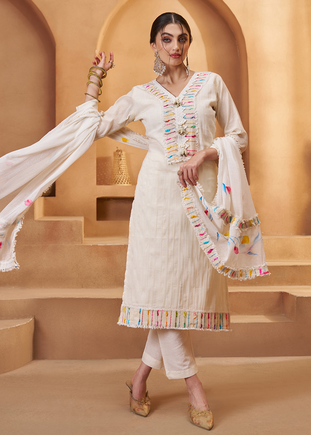 Buy Now Stunning Off White Cotton Embroidered Pant Style Suit Online in US, UK, Canada, Germany, Italy, France, Netherlands, Norway, UAE & Worldwide at Empress.