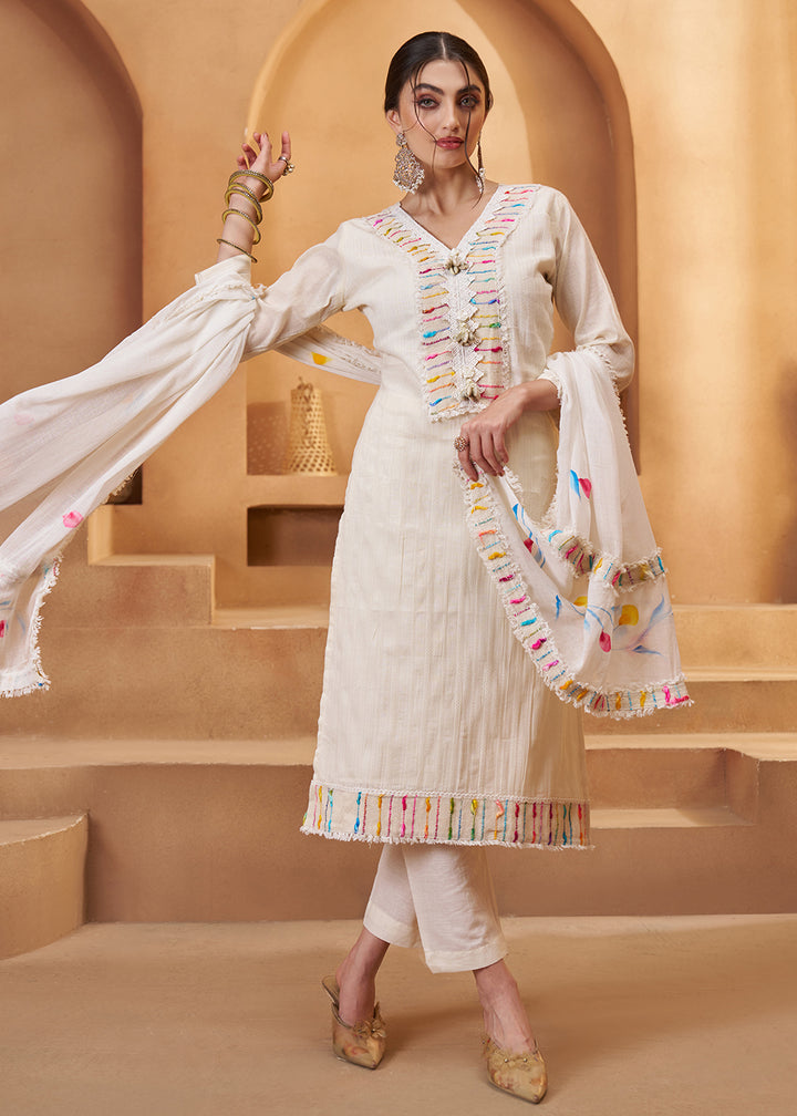 Buy Now Stunning Off White Cotton Embroidered Pant Style Suit Online in US, UK, Canada, Germany, Italy, France, Netherlands, Norway, UAE & Worldwide at Empress.