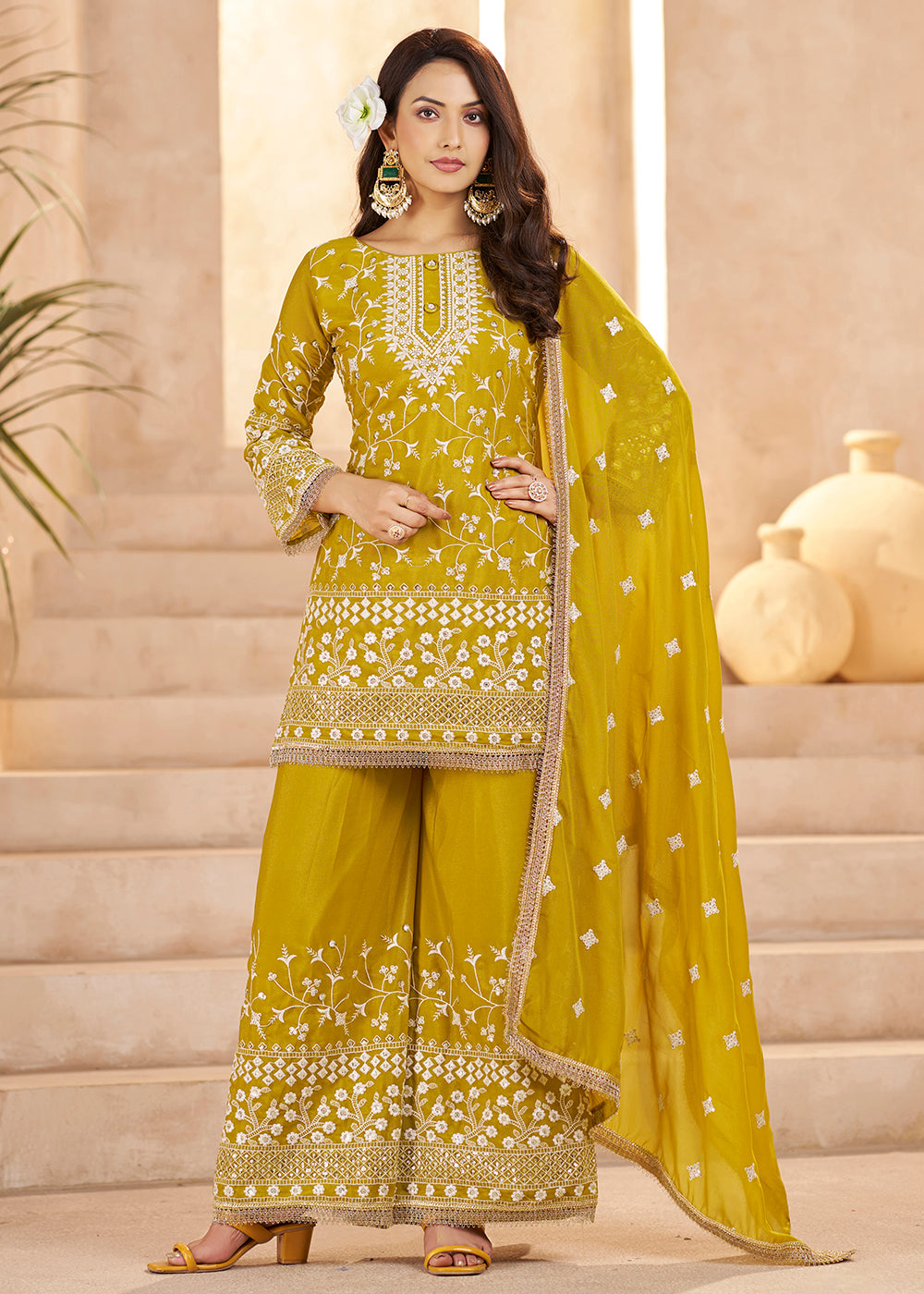 Buy Now Trendy Mustard Color Embroidered Georegtte Palazzo Suit Online in New York, Las Vegas, Newark, Chicago, Houston, Fremont, Dubai & Worldwide at Empress.
