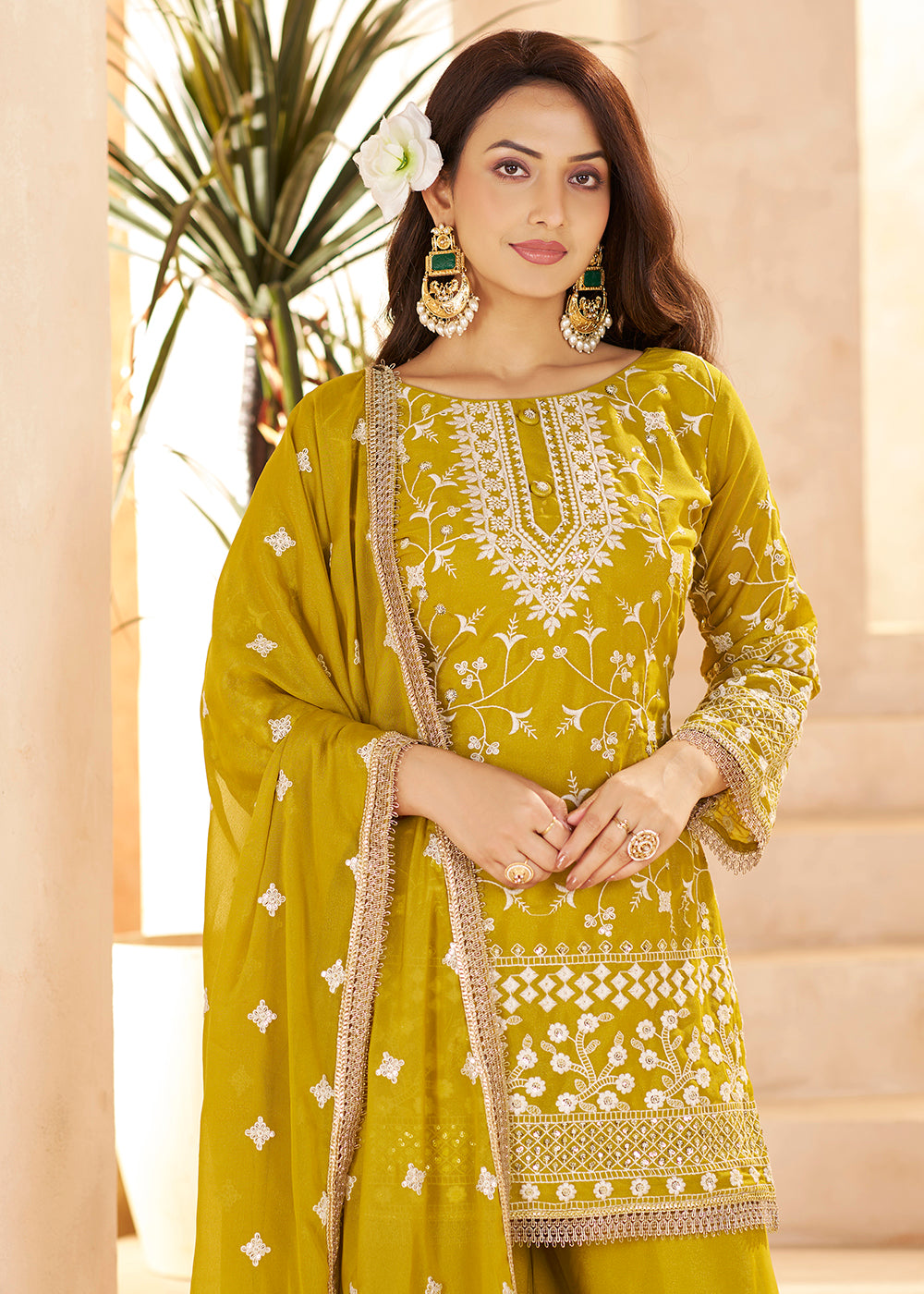 Buy Now Trendy Mustard Color Embroidered Georegtte Palazzo Suit Online in New York, Las Vegas, Newark, Chicago, Houston, Fremont, Dubai & Worldwide at Empress.