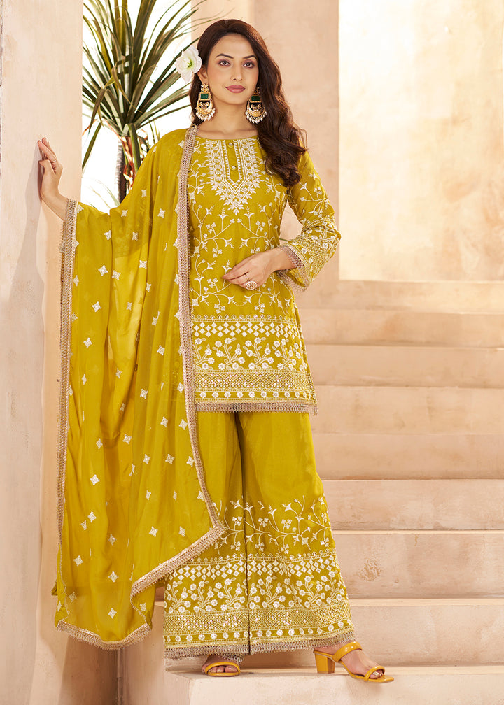 Buy Now Trendy Mustard Color Embroidered Georegtte Palazzo Suit Online in New York, Las Vegas, Newark, Chicago, Houston, Fremont, Dubai & Worldwide at Empress.