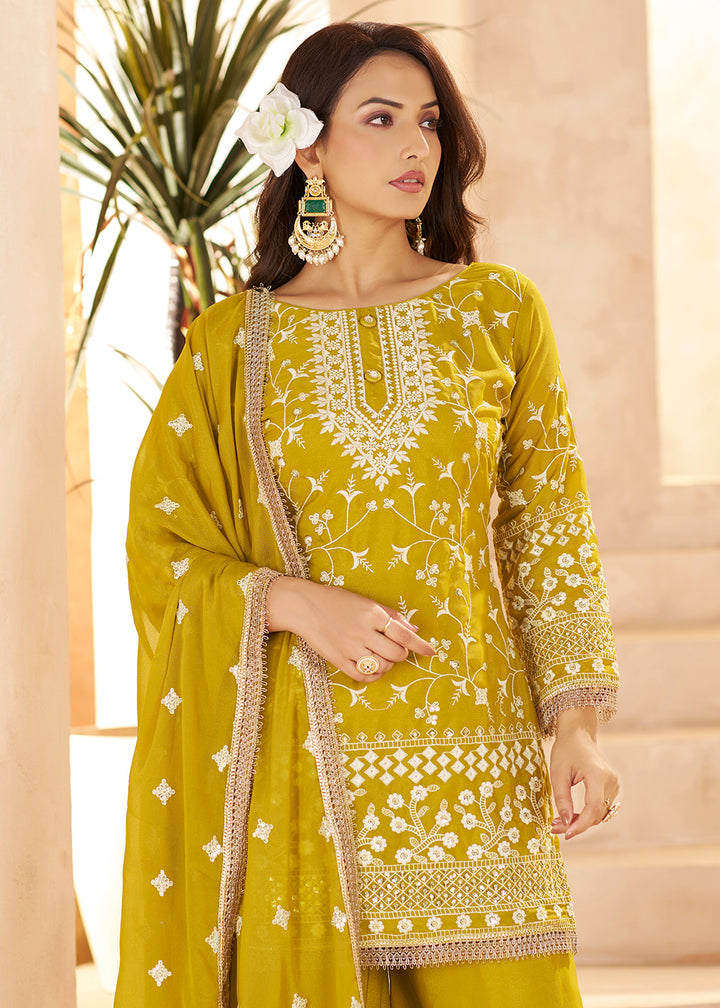 Buy Now Trendy Mustard Color Embroidered Georegtte Palazzo Suit Online in New York, Las Vegas, Newark, Chicago, Houston, Fremont, Dubai & Worldwide at Empress.
