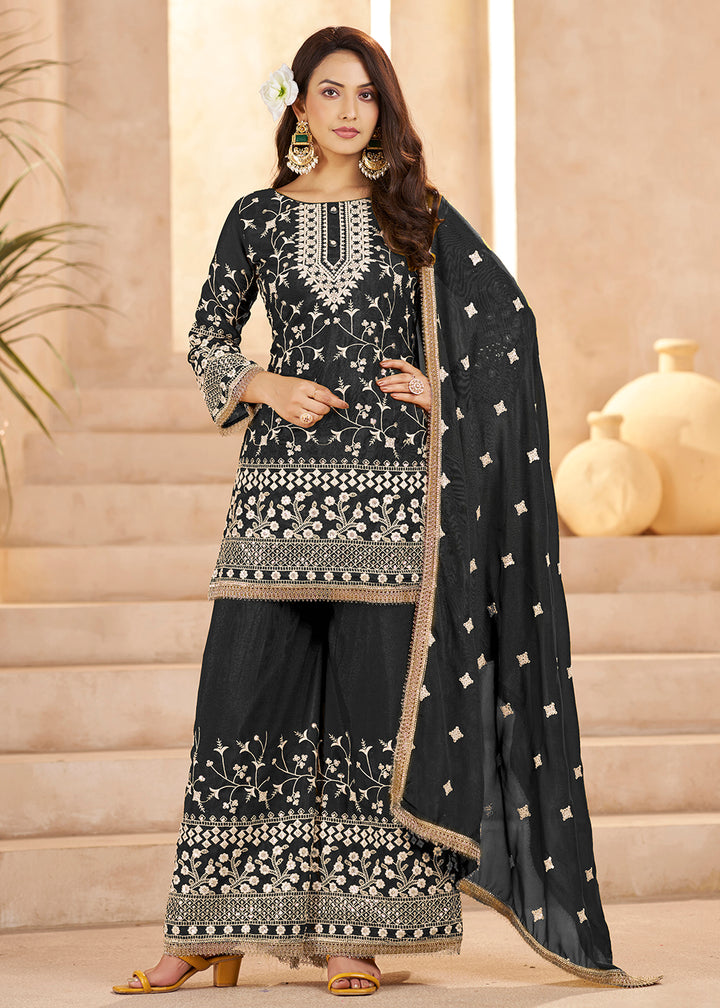 Buy Now Trendy Black Color Embroidered Georegtte Palazzo Suit Online in New York, Las Vegas, Newark, Chicago, Houston, Fremont, Dubai & Worldwide at Empress.
