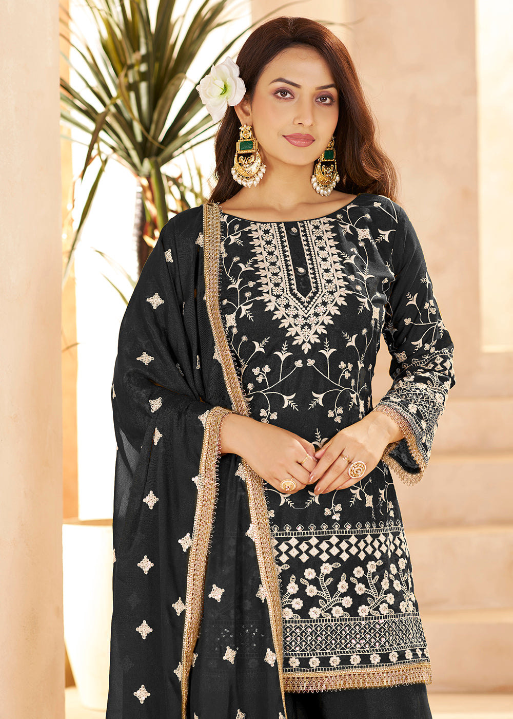 Buy Now Trendy Black Color Embroidered Georegtte Palazzo Suit Online in New York, Las Vegas, Newark, Chicago, Houston, Fremont, Dubai & Worldwide at Empress.