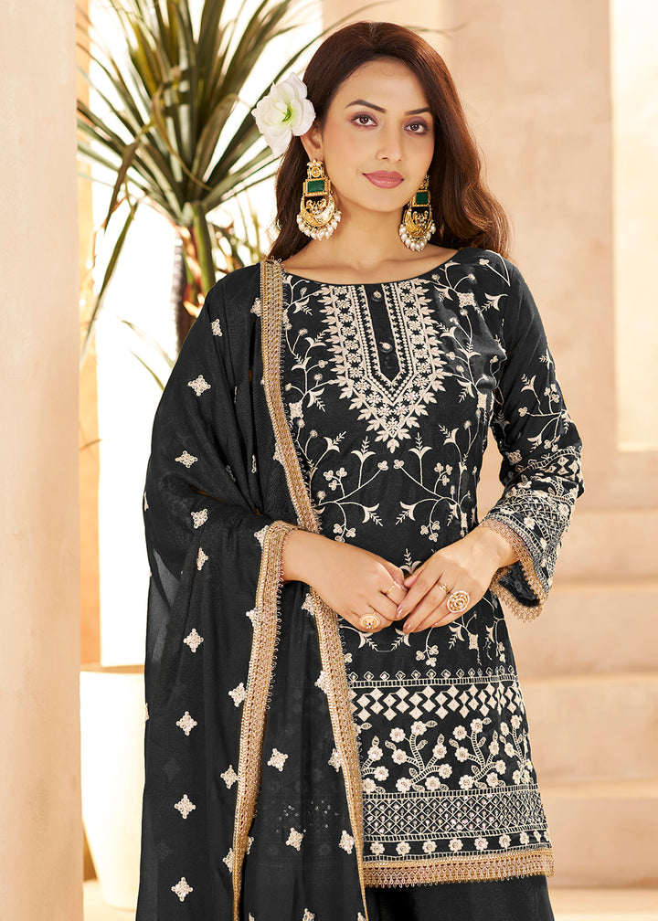 Buy Now Trendy Black Color Embroidered Georegtte Palazzo Suit Online in New York, Las Vegas, Newark, Chicago, Houston, Fremont, Dubai & Worldwide at Empress.