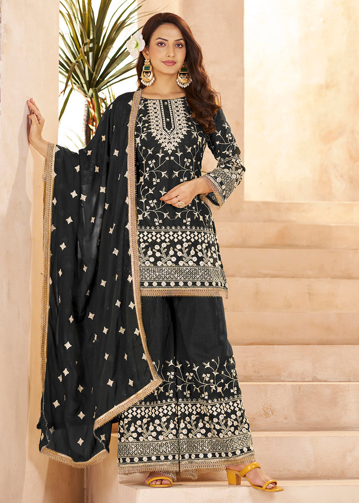 Buy Now Trendy Black Color Embroidered Georegtte Palazzo Suit Online in New York, Las Vegas, Newark, Chicago, Houston, Fremont, Dubai & Worldwide at Empress.