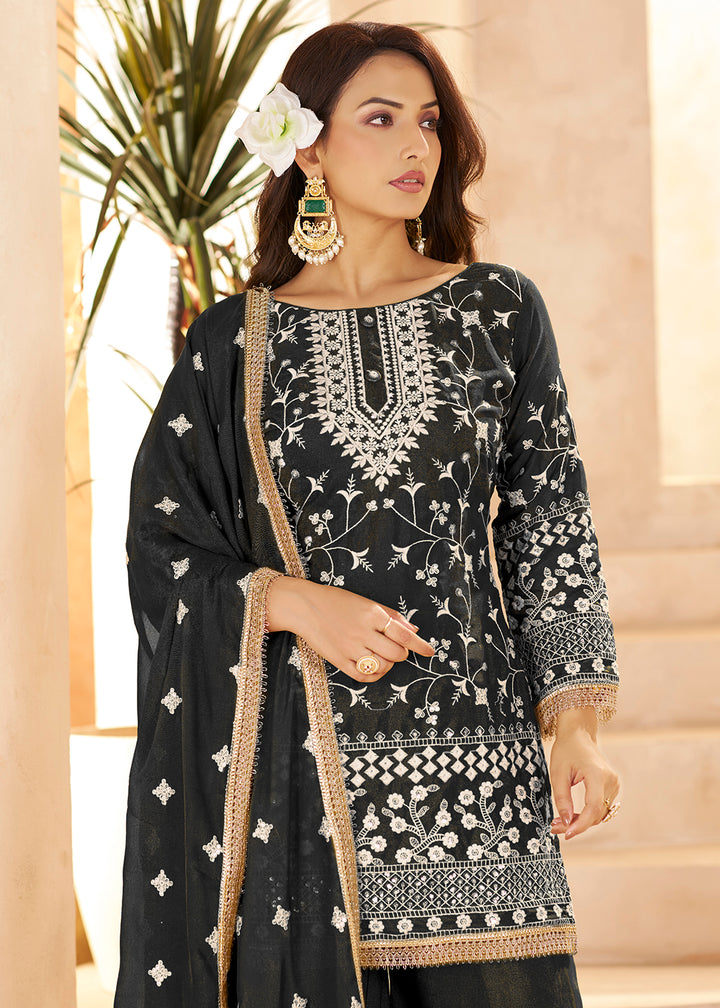 Buy Now Trendy Black Color Embroidered Georegtte Palazzo Suit Online in New York, Las Vegas, Newark, Chicago, Houston, Fremont, Dubai & Worldwide at Empress.