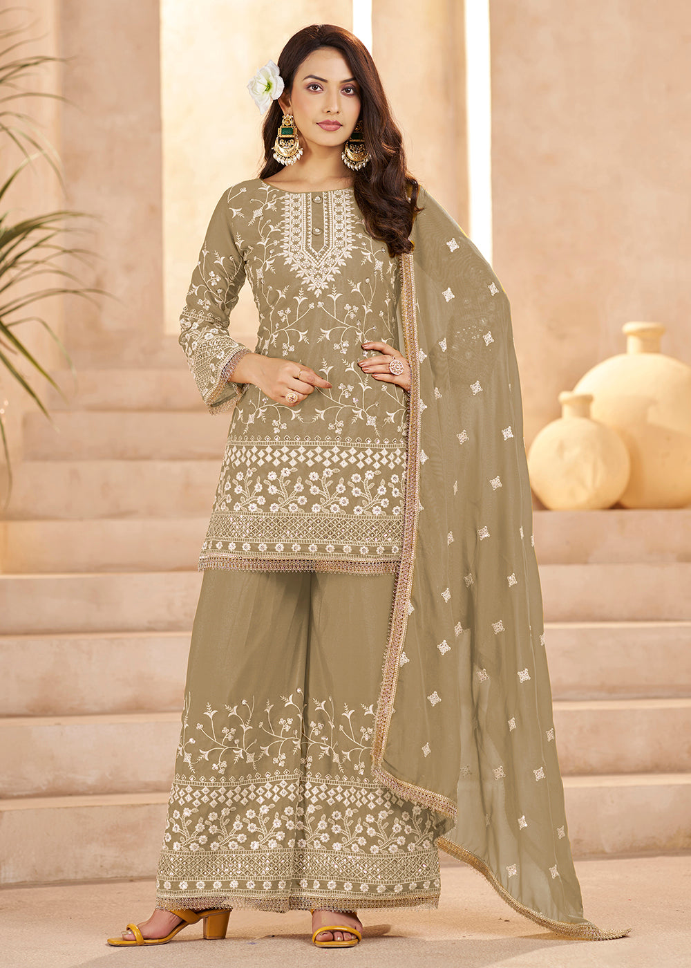 Buy Now Trendy Beige Color Embroidered Georegtte Palazzo Suit Online in New York, Las Vegas, Newark, Chicago, Houston, Fremont, Dubai & Worldwide at Empress.