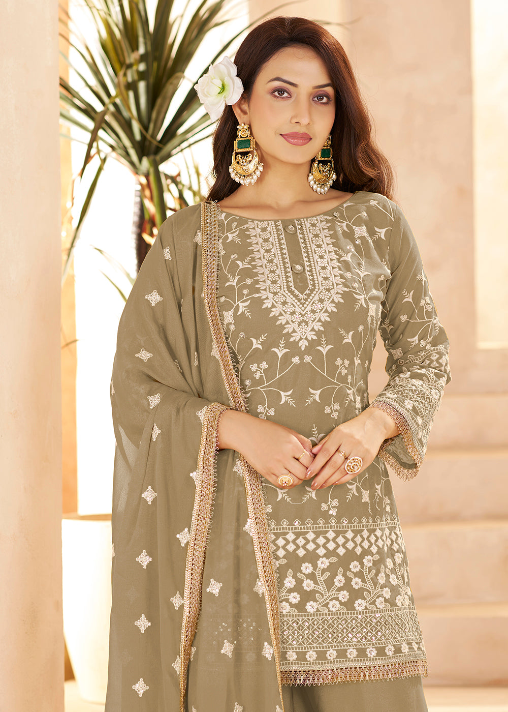 Buy Now Trendy Beige Color Embroidered Georegtte Palazzo Suit Online in New York, Las Vegas, Newark, Chicago, Houston, Fremont, Dubai & Worldwide at Empress.