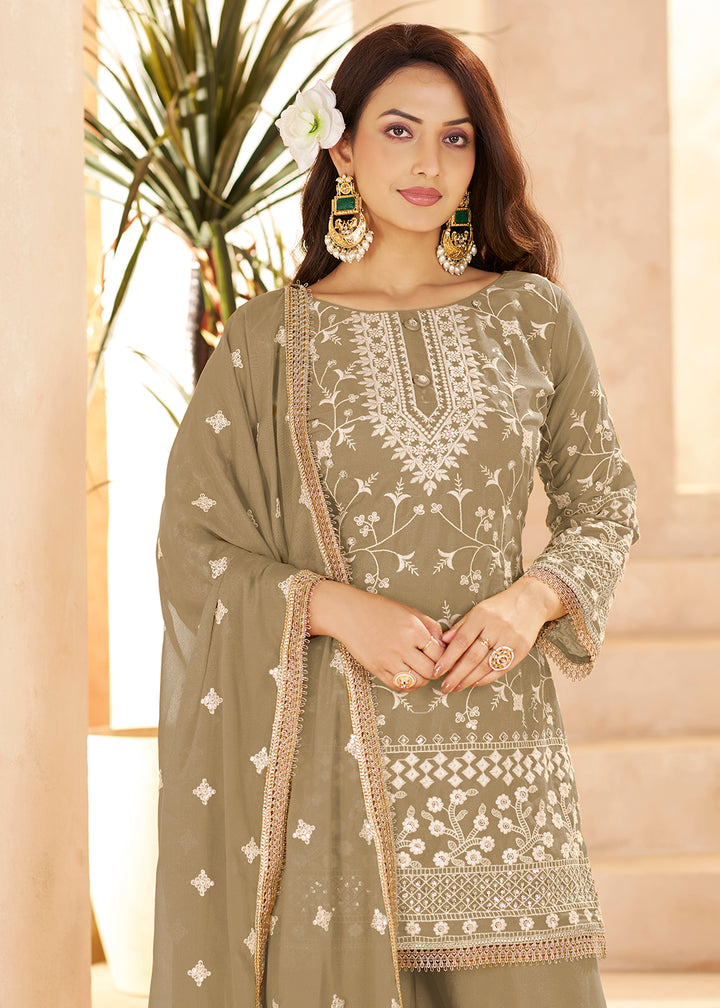 Buy Now Trendy Beige Color Embroidered Georegtte Palazzo Suit Online in New York, Las Vegas, Newark, Chicago, Houston, Fremont, Dubai & Worldwide at Empress.