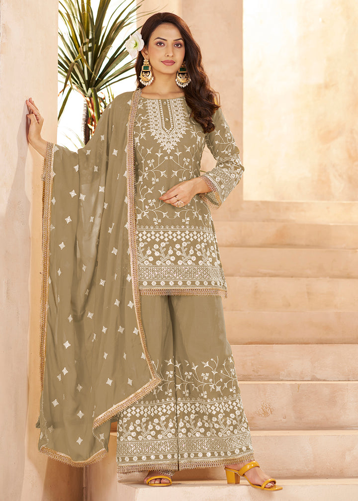 Buy Now Trendy Beige Color Embroidered Georegtte Palazzo Suit Online in New York, Las Vegas, Newark, Chicago, Houston, Fremont, Dubai & Worldwide at Empress.